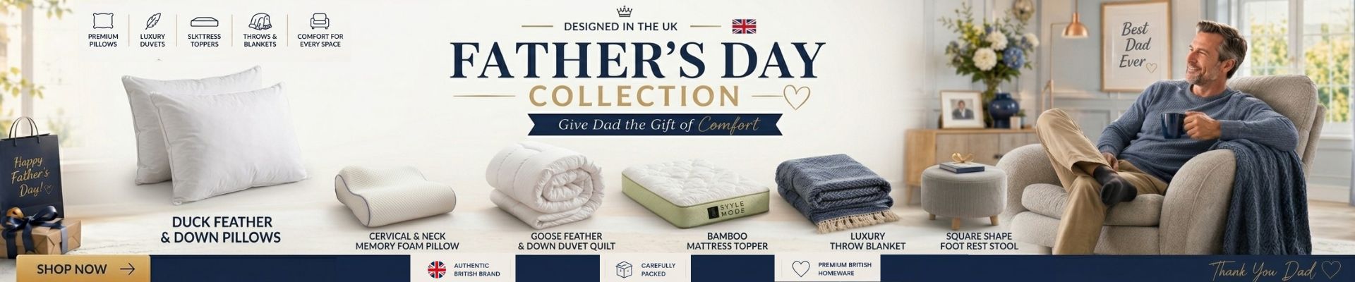 istyle mode father's day collection banner. left side shows home comfort products: pillows, mattress toppers, duvets, blankets, and a pouffe footrest. right side shows a man relaxing on a grey sofa in a modern living room.