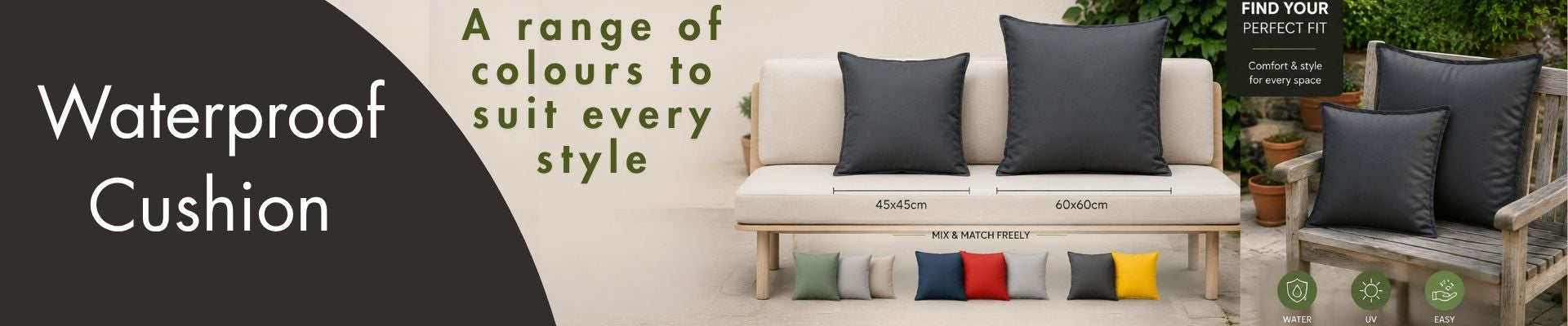 Outdoor waterproof cushions displayed on modern garden furniture, featuring stylish water-resistant seating for patios, balconies, conservatories, and UK outdoor spaces.