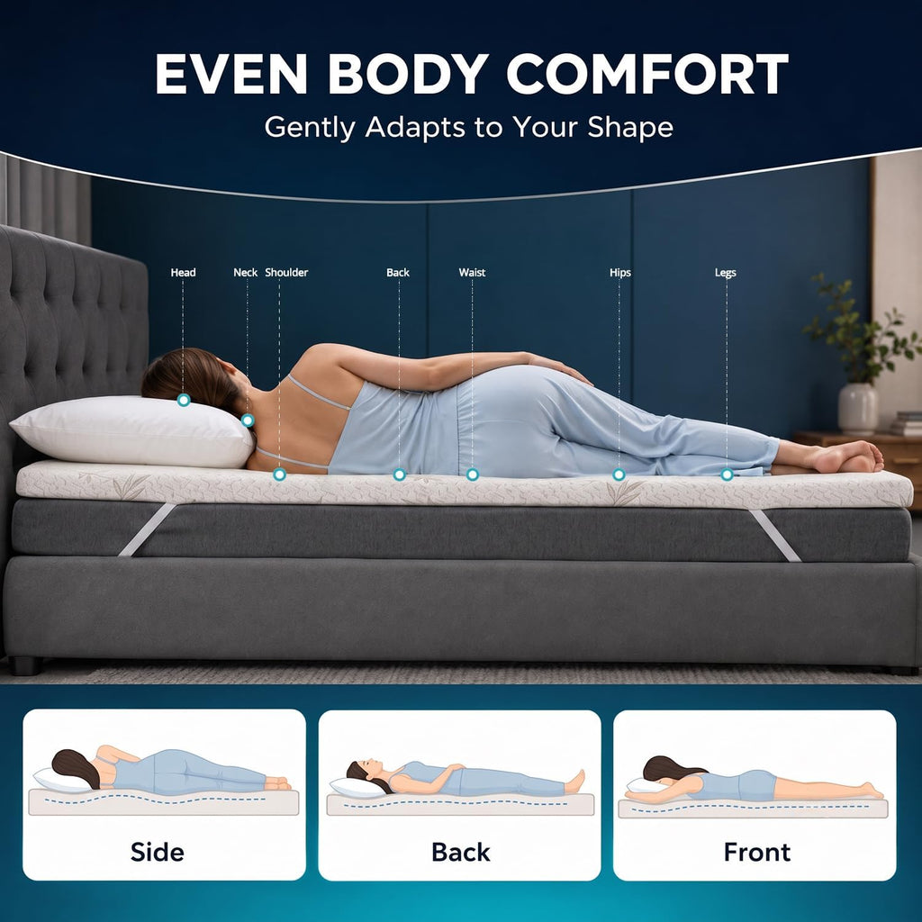 Memory Foam Mattress Topper | Reversible Bamboo Cover | Orthopaedic Pressure Relief for Back Pain | Hypoallergenic