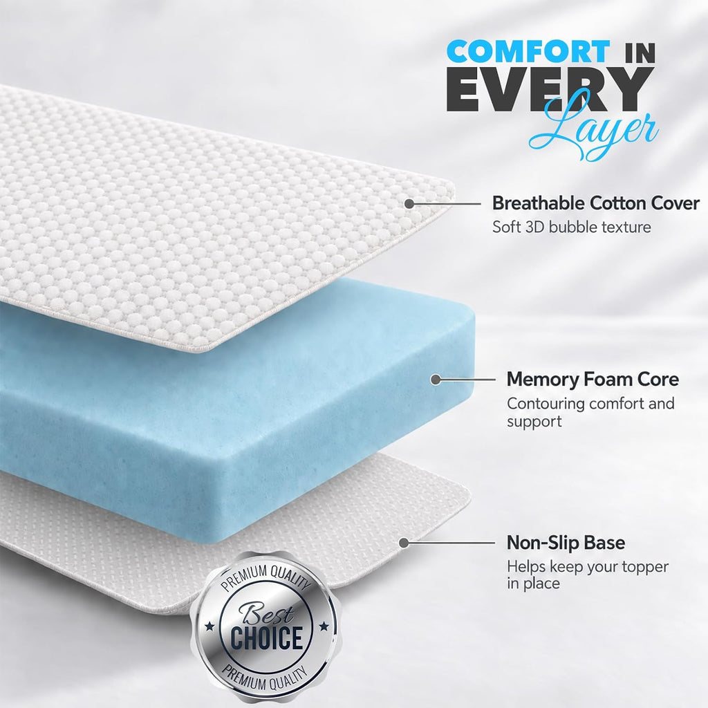 Memory Foam Mattress Topper 3D Bubble Cover | Non-Slip Base | 7.5cm Thick