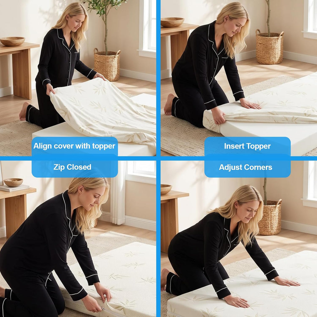 Bamboo Mattress Topper Replacement Cover | Breathable Zipped Reversible Cover | Elasticated Corner Straps