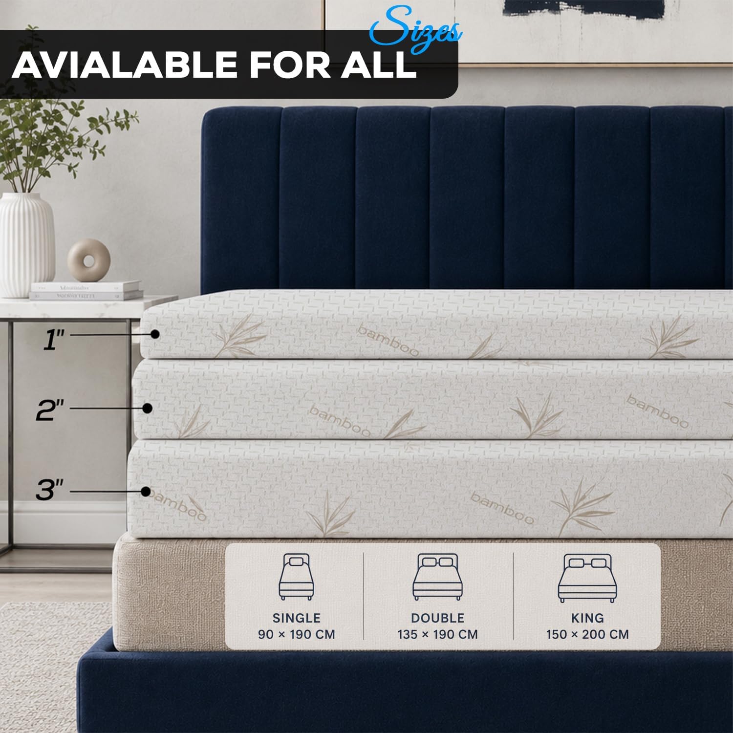 Memory Foam Mattress Topper | Reversible Bamboo Cover | Orthopaedic Pressure Relief for Back Pain | Hypoallergenic