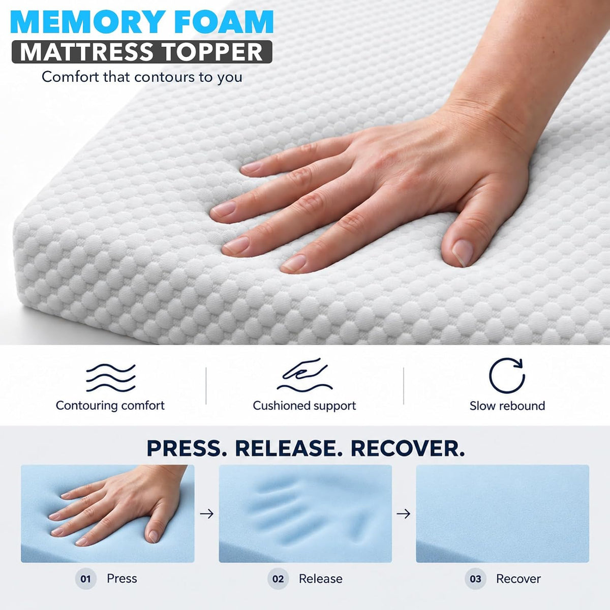 Memory Foam Mattress Topper 3D Bubble Cover | Non-Slip Base | 7.5cm Thick
