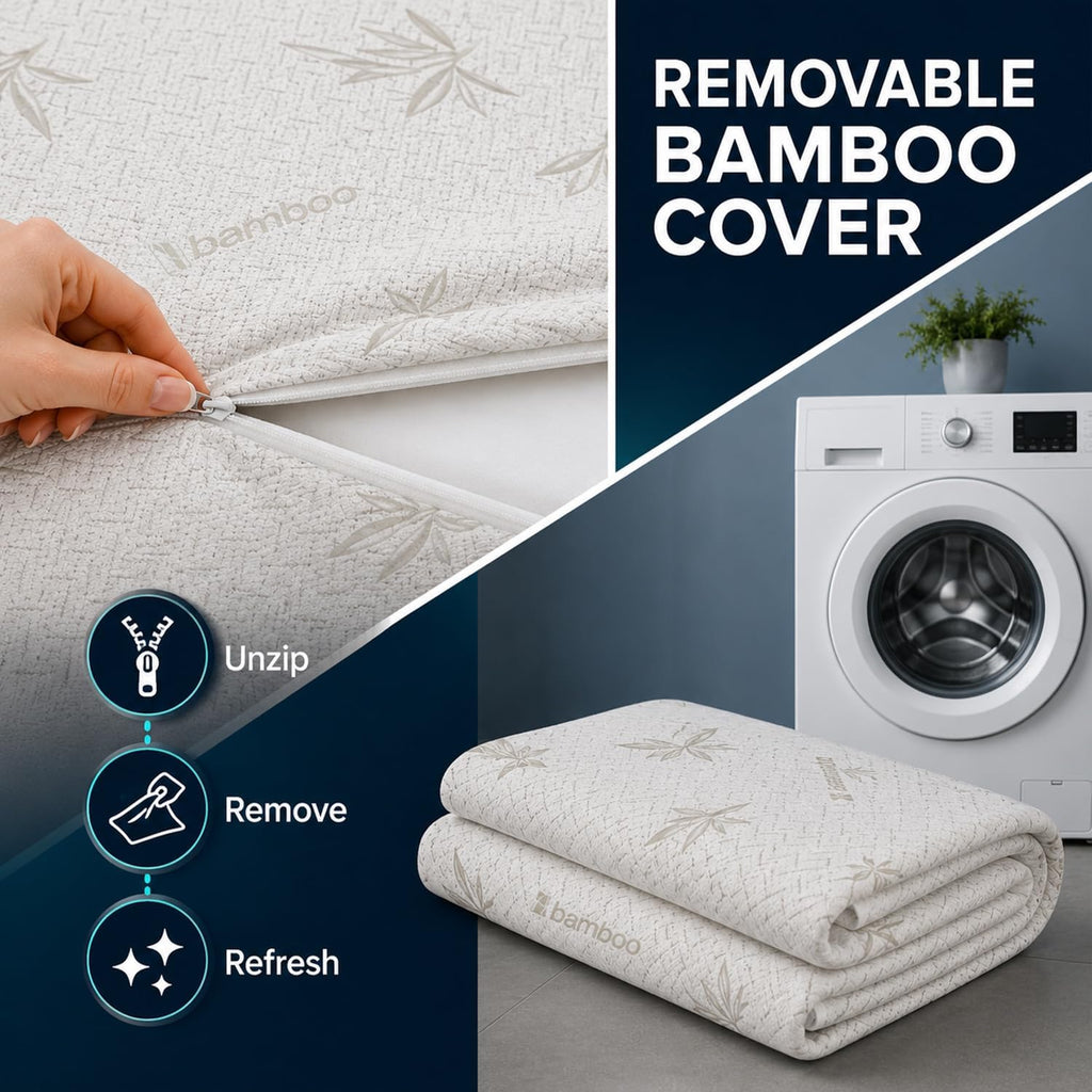 Memory Foam Mattress Topper | Reversible Bamboo Cover | Orthopaedic Pressure Relief for Back Pain | Hypoallergenic