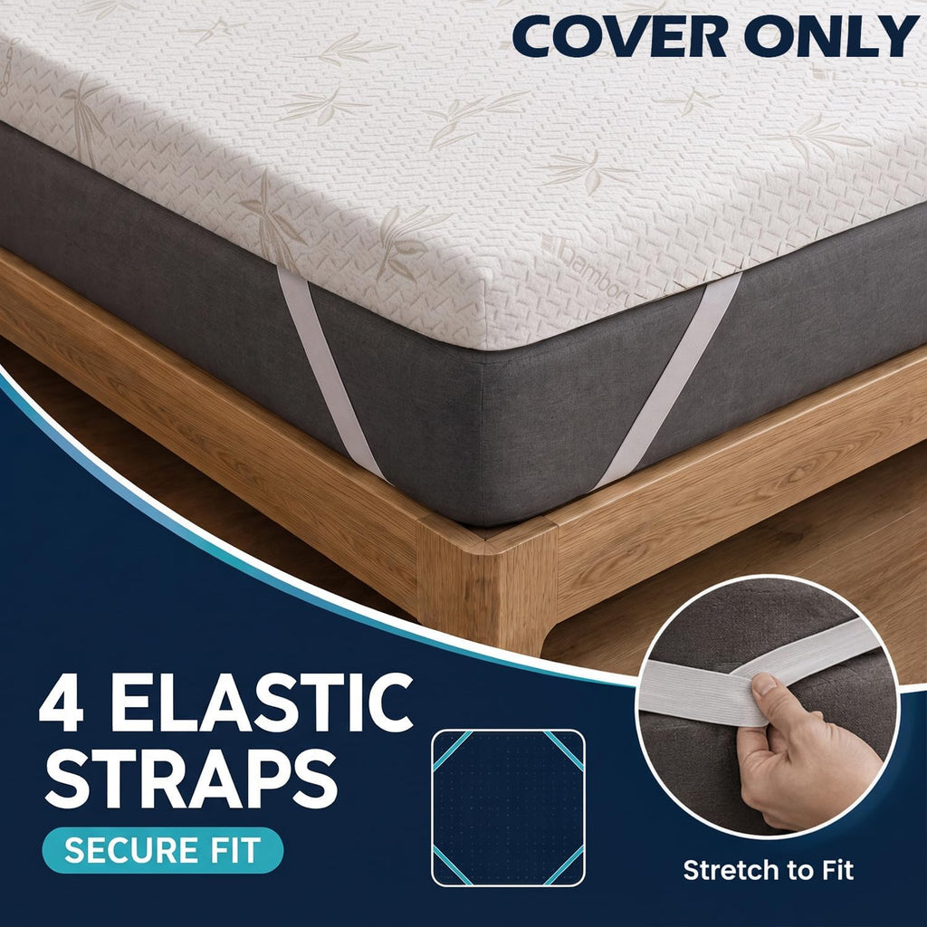 Bamboo Mattress Topper Replacement Cover | Breathable Zipped Reversible Cover | Elasticated Corner Straps