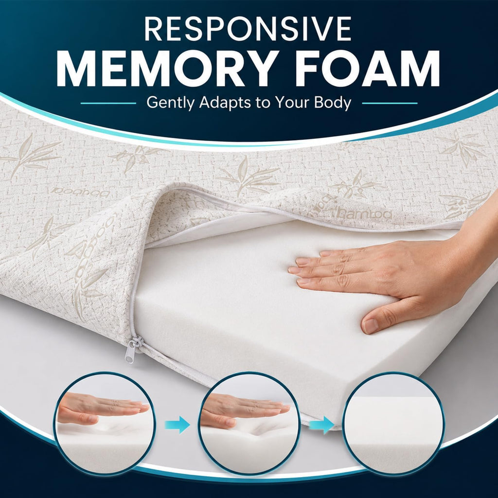 Memory Foam Mattress Topper | Reversible Bamboo Cover | Orthopaedic Pressure Relief for Back Pain | Hypoallergenic