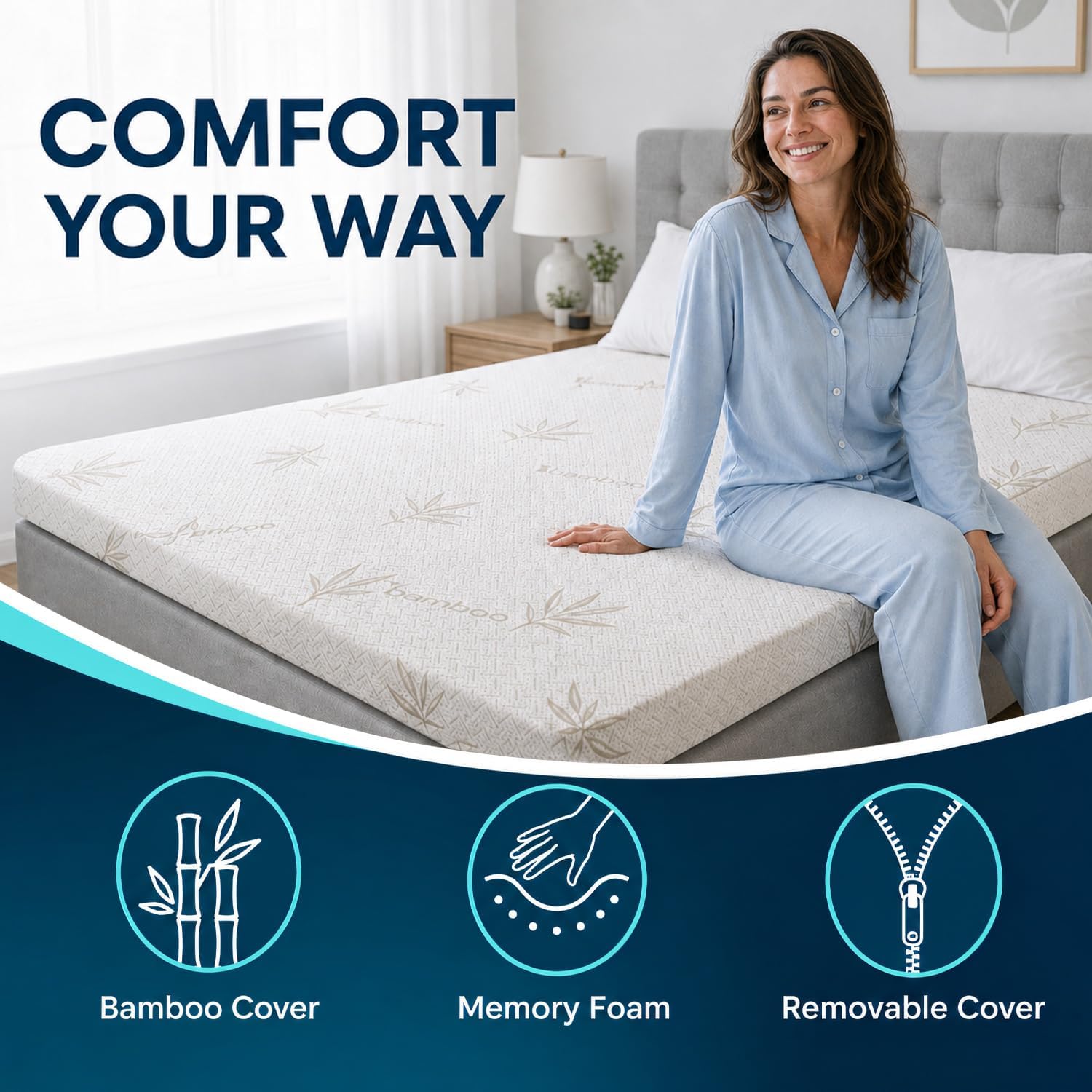 Memory Foam Mattress Topper | Reversible Bamboo Cover | Orthopaedic Pressure Relief for Back Pain | Hypoallergenic