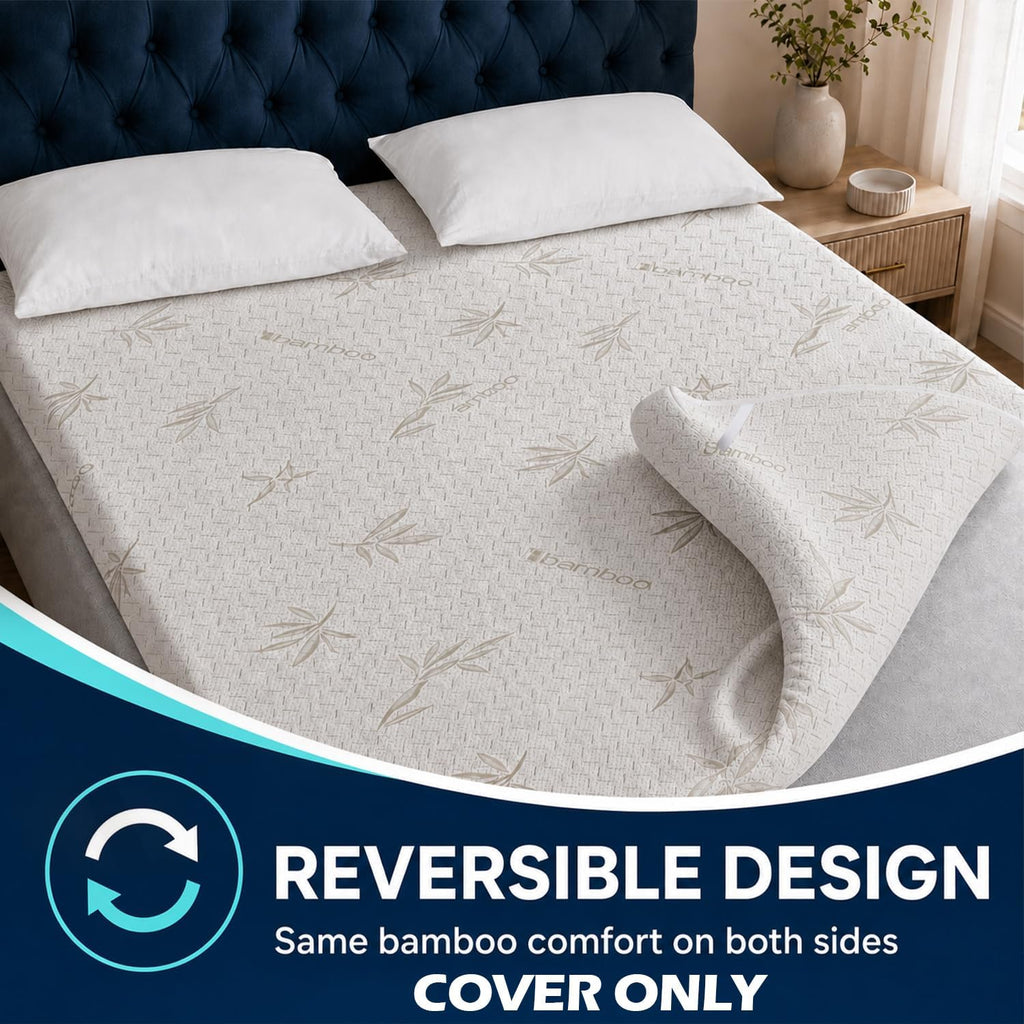 Bamboo Mattress Topper Replacement Cover | Breathable Zipped Reversible Cover | Elasticated Corner Straps