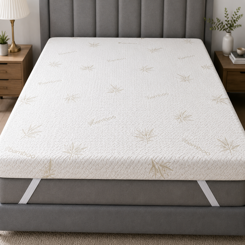 A white mattress topper with a subtle bamboo leaf pattern, shown on a bed frame with a gray upholstered headboard and side tables.
