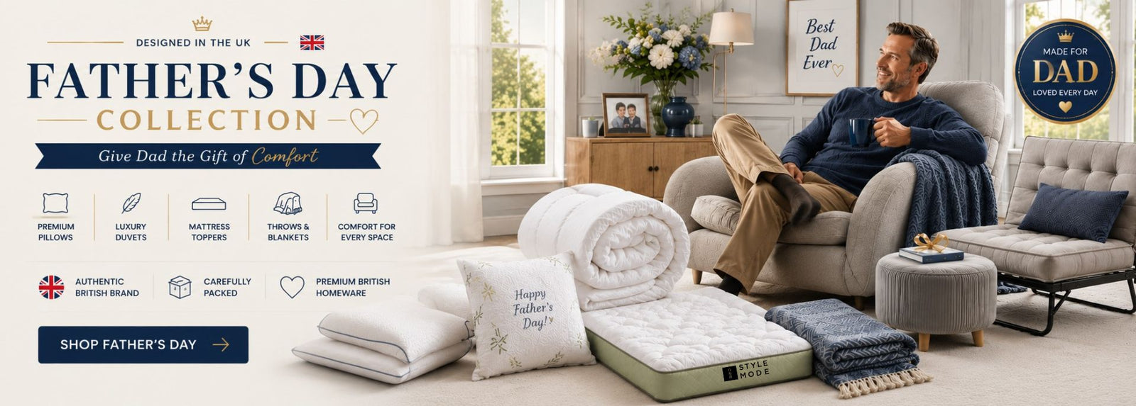 istyle mode father's day collection banner. left side shows home comfort products: pillows, mattress toppers, duvets, blankets, and a pouffe footrest. right side shows a man relaxing on a grey sofa in a modern living room.
