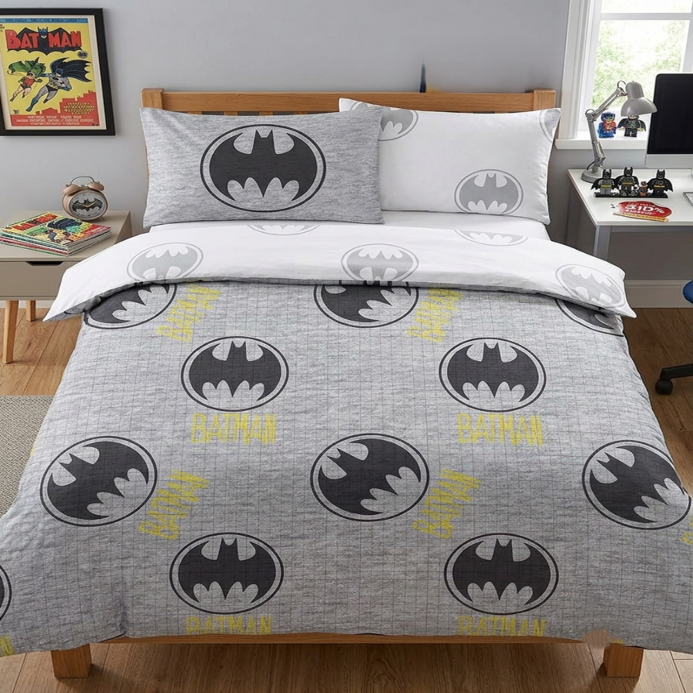 Batman Logo Reversible Grey Double Duvet Cover & Pillowcase Set