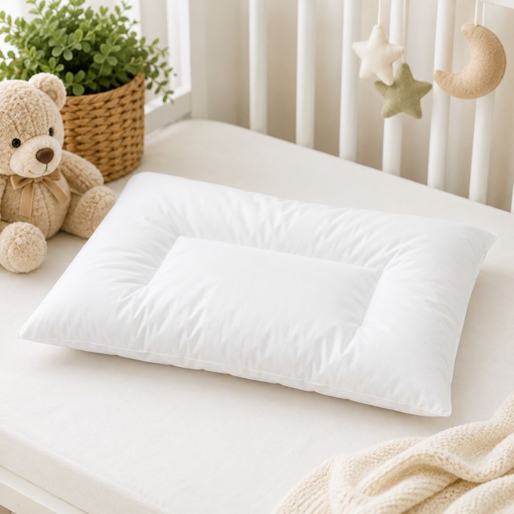 White pillow on a white surface with a teddy bear, plant, and decorative items in the background.