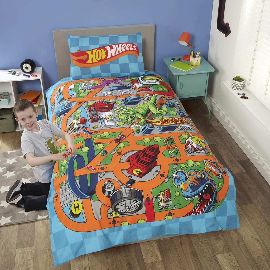 Kids Hot Wheels Single Duvet Reversible Bedding Cars Tracks Quilt Cover
