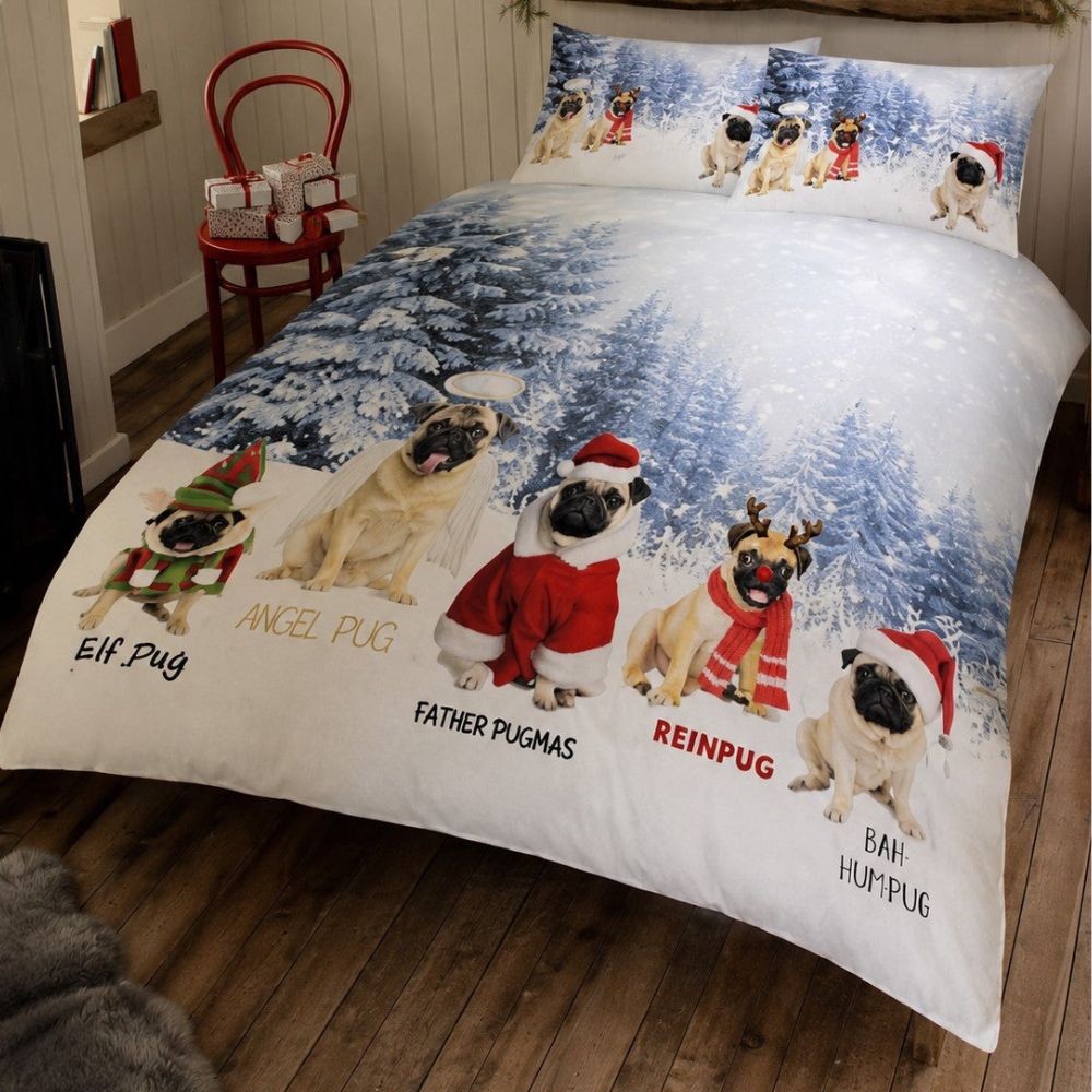 Christmas Reversible Double Duvet Cover Set | Festive Pug Bedding