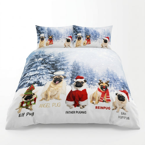 Christmas Reversible Double Duvet Cover Set | Festive Pug Bedding