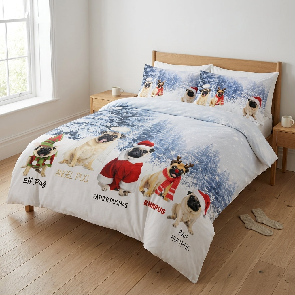 Christmas Reversible Double Duvet Cover Set | Festive Pug Bedding