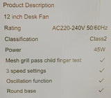 Highlands Desk Fan 3 Speed Silent & Compact Cooling Fan,12 Inch Oscillating Desk