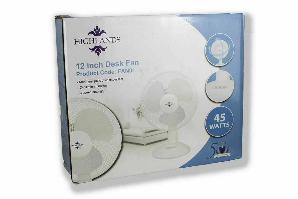 Highlands Desk Fan 3 Speed Silent & Compact Cooling Fan,12 Inch Oscillating Desk