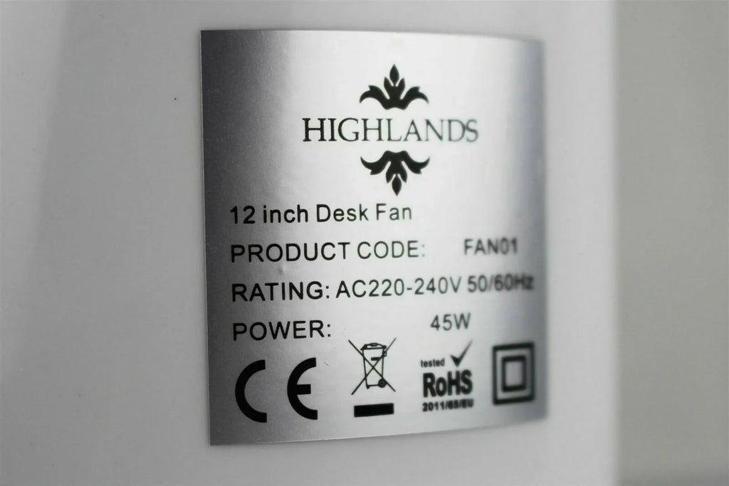 Highlands Desk Fan 3 Speed Silent & Compact Cooling Fan,12 Inch Oscillating Desk
